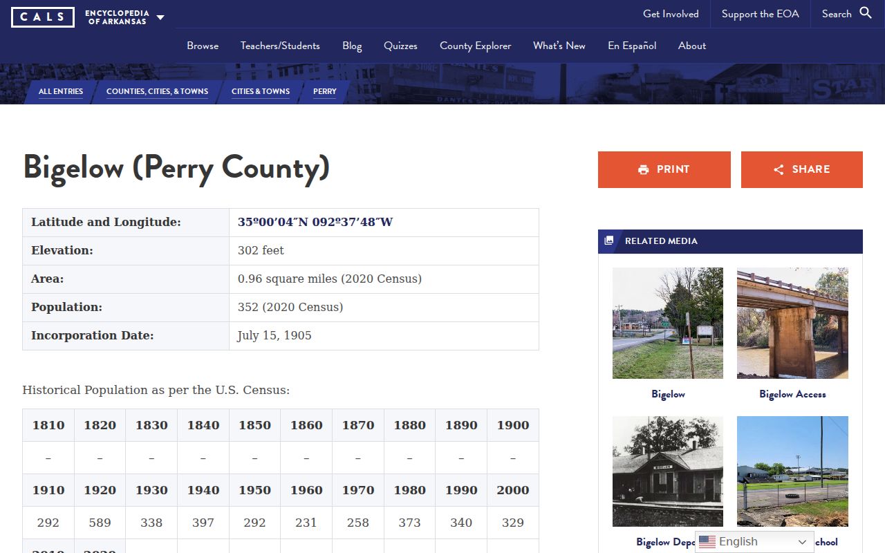 Encyclopedia of Arkansas profile for Bigelow